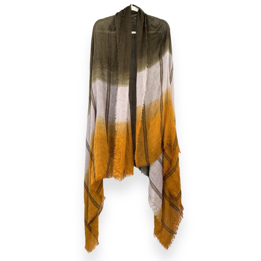 Vintage Orange Gray Olive Green Ombre Effect Fringe Oversized Wrap Scarf Shawl